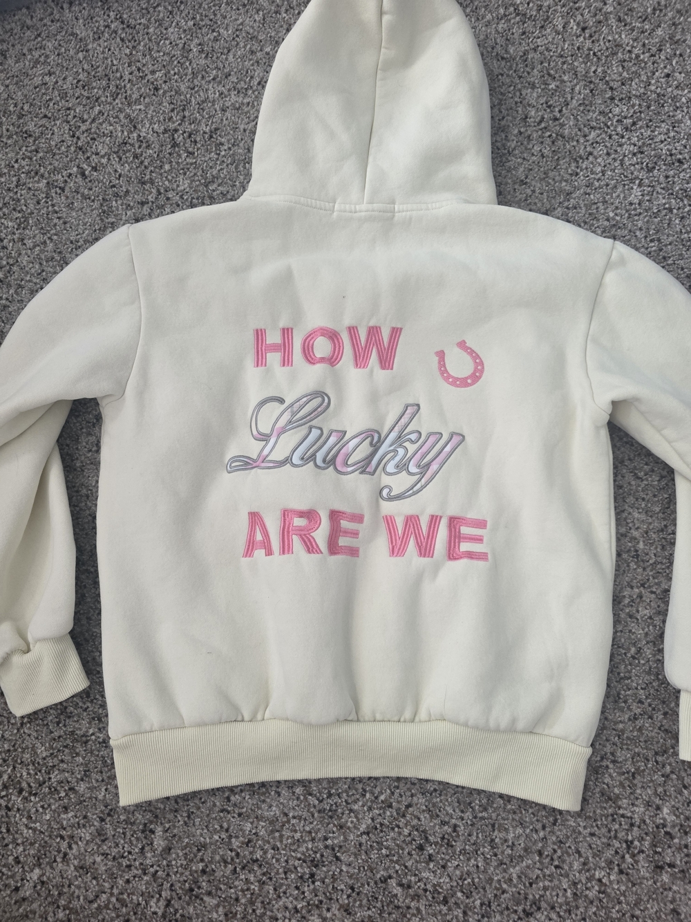 Womens Cream Hoodie Altard State Sz Small 'How Lucky Are We' Design w Horseshoe